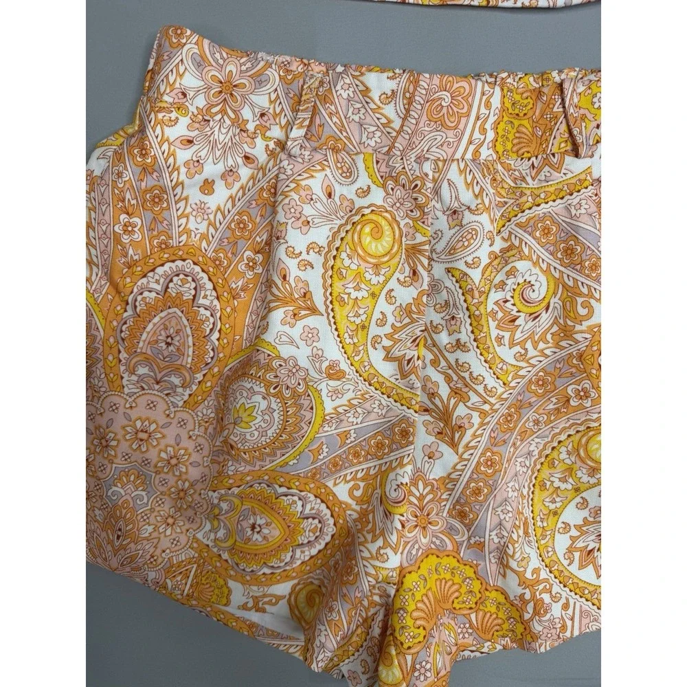 Mulla Linen Paisley Crop Top and Shorts Set L Orange White W/Belt Lined Party